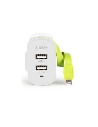 Caricatore a Muro 3-Outputs 3 A 2 x USB + Apple Lightning Bianco/Verde