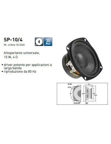SP-10/4 Monacor - Altoparlante universale 4", 15w, 4 Ohm largabanda