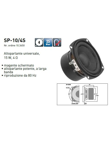 SP-10/4S Monacor - Altoparlante universale 4" 15W, 4 Ohm largabanda - schermato