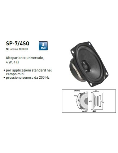 SP-7/4SQ Monacor - Altoparlante mini universale 66,5x66,5, 4 W, 4 Ohm largabanda