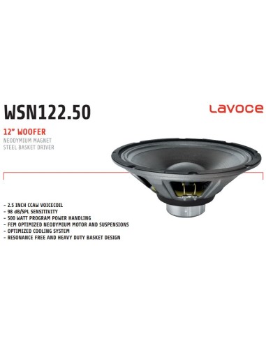 WOOFER La Voce Neodimio 12" V.C. 2,5'' - 250/500 W - 98 dB - Risp. Fq. 50 - 3000 Hz